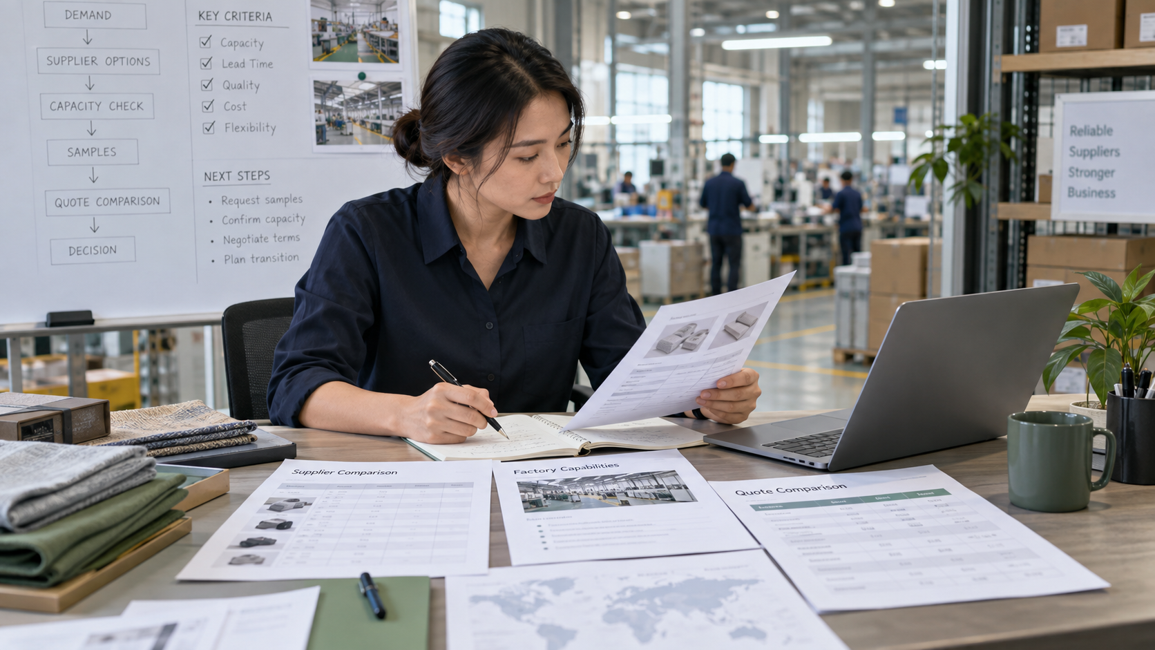 Sourcing manager reviewing supplier options and factory capability notes