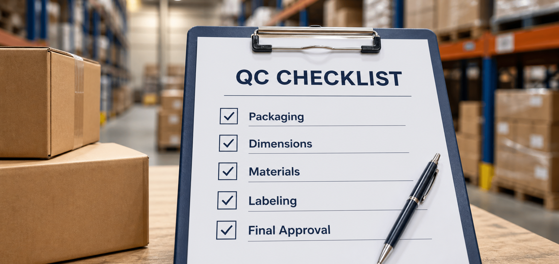 QC CHECKLIST sheet with warehouse background