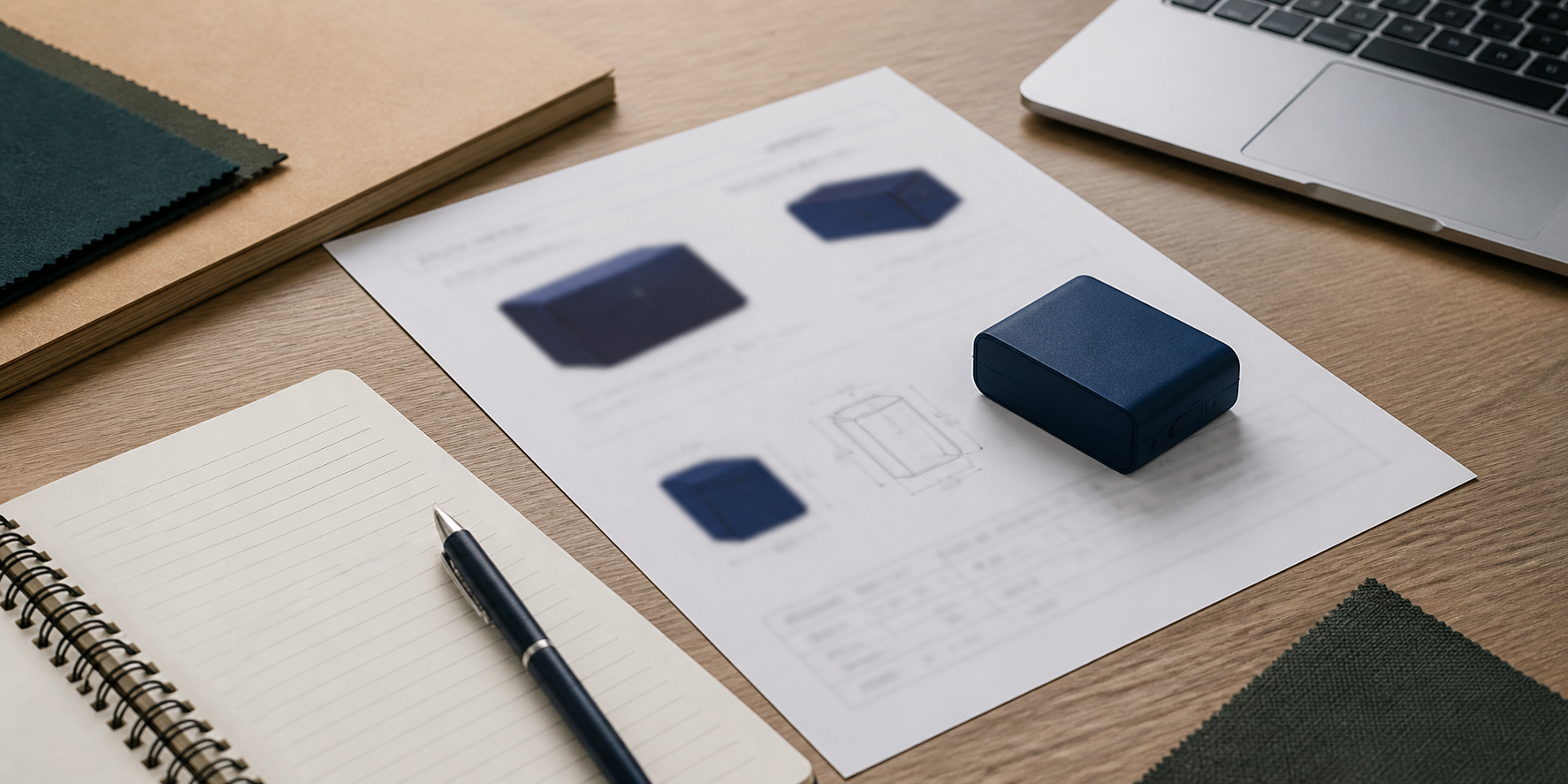 Product brief document, sample, notebook, and laptop prepared for sourcing review