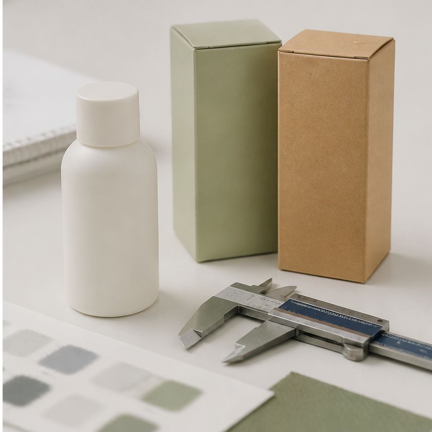 Product sample, packaging mockups, material swatches, and calipers