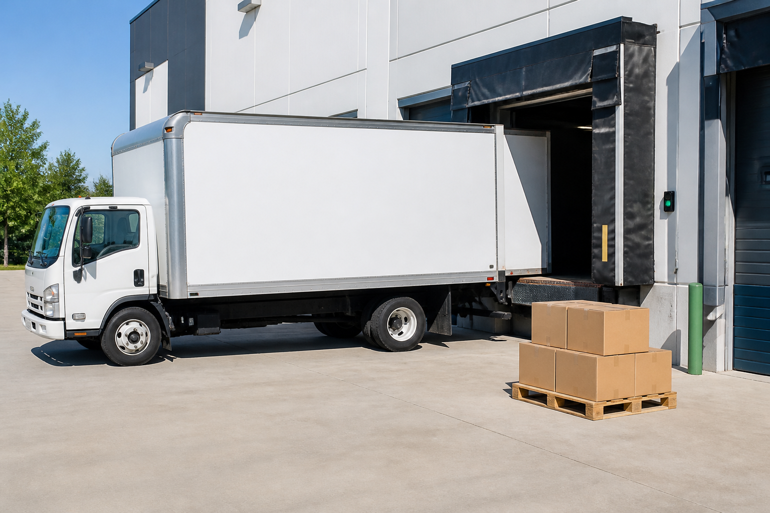 Plain delivery truck at a warehouse loading dock with cartons on a pallet