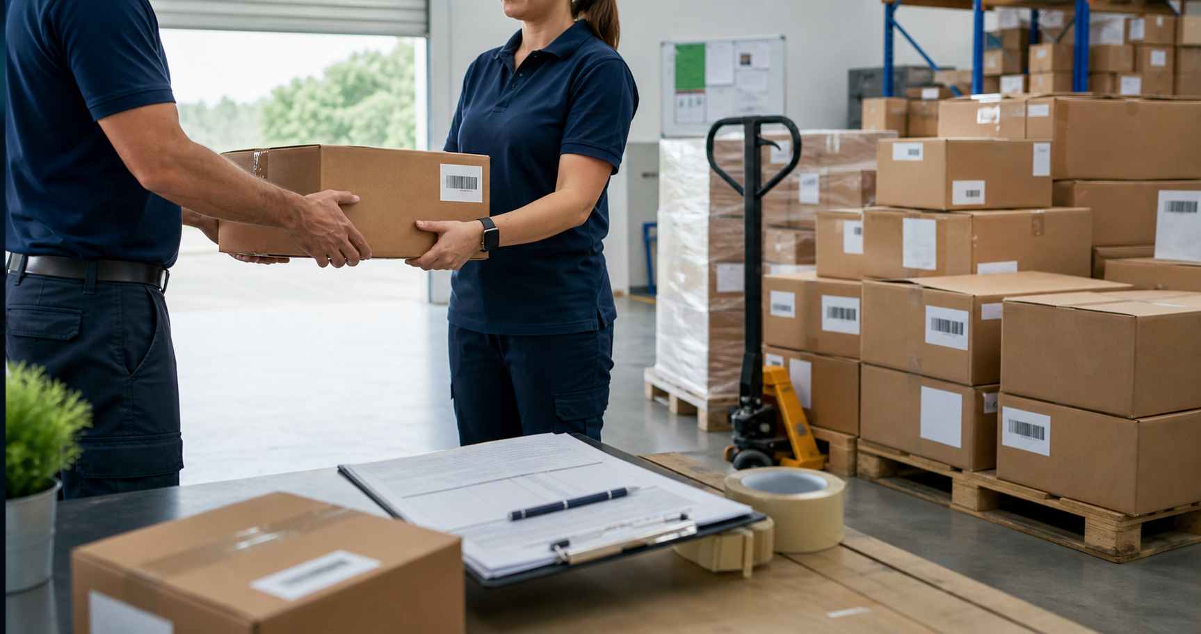 Cartons and shipping labels prepared for logistics handoff