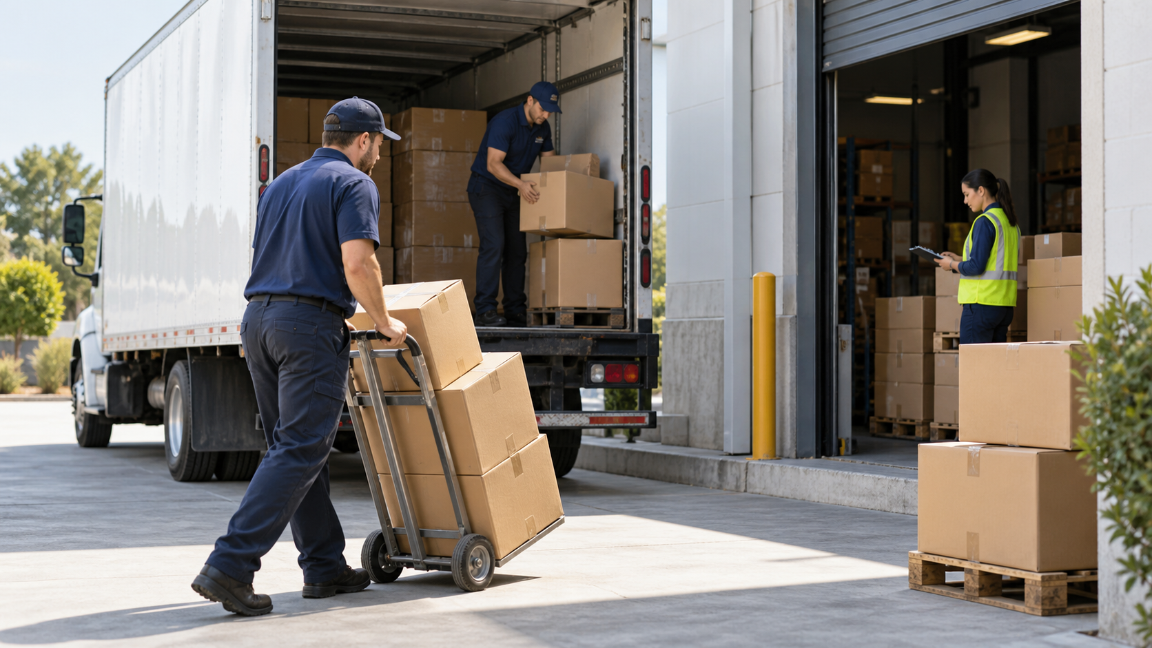 Delivery truck unloading cartons for door-to-door logistics