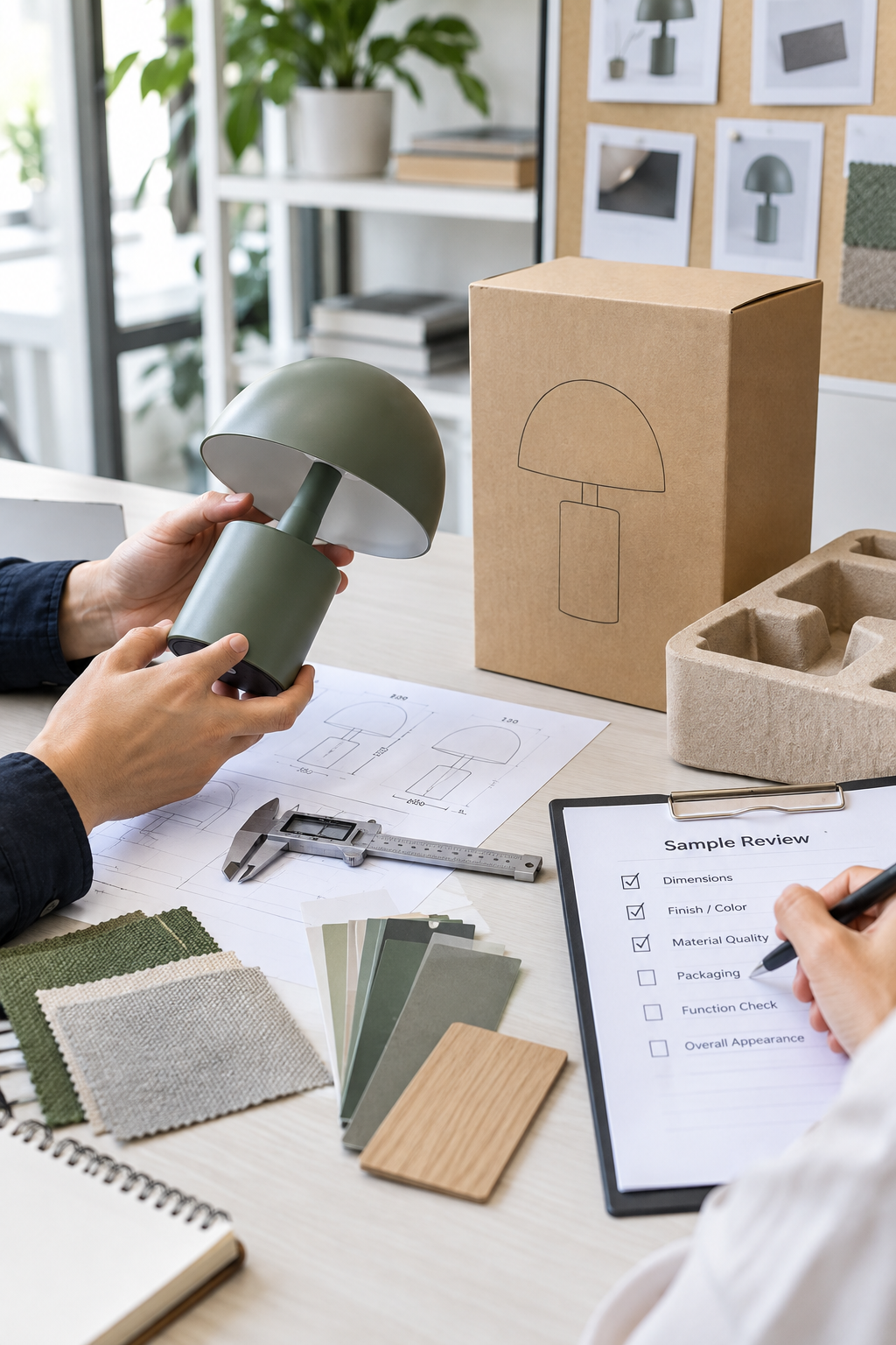Product sample review with packaging mockup, material swatches, and checklist