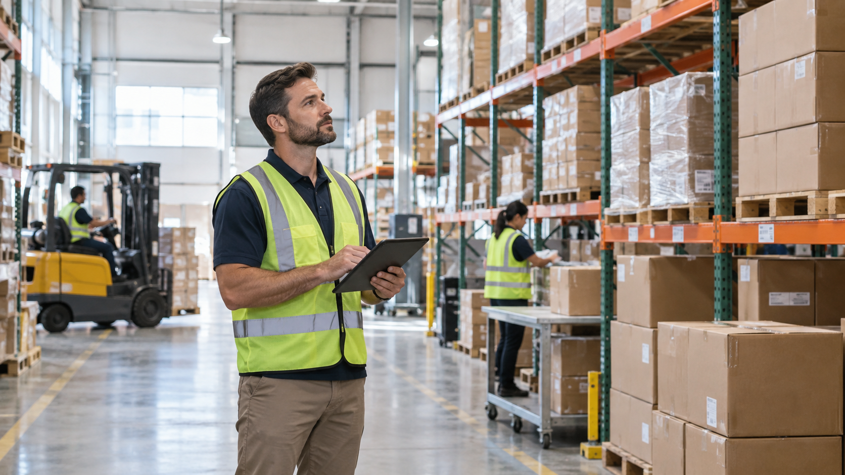 Warehouse supervisor reviewing supplier capability and inventory readiness